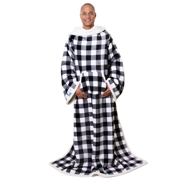 SNUGGIE SLEEVES FOR ADULTS FUNCTIONAL WEARABLE BLANKET - BLACK & WHITE PLAID - Like New