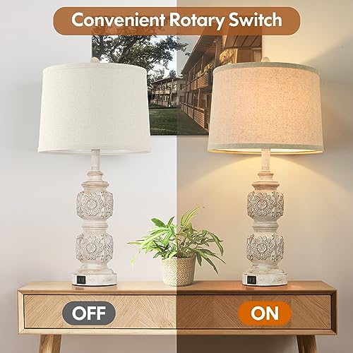 VERON FARMHOUSE TABLE LAMPS SET 2 26” TALL NIGHTSTAND USB PORTS WASHED WHITE - Like New