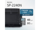 Ricoh SP-2240N Color: 24-bit, Grayscale: 8-bit, Monochrome: 1-bit CIS x 2 (front