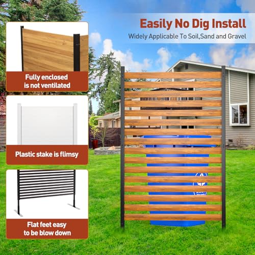 GREENER Privacy Screen 38" W x 60" H Wooden Fence Panels with Metal Stakes Brown - Like New
