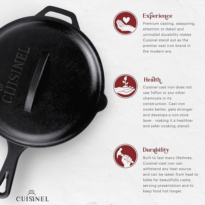 Cuisinel Cast Iron Skillet Lid 10" Pre-Seasoned Covered Frying Pan Set - BLACK - Like New