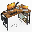 LUFEIYA SMALL L SHAPED DESK POWER OUTLET SHELVES 40 INCH DESK - RUSTIC BROWN - Like New