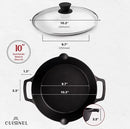 CUISINEL PRE-SEASONED CAST IRON DUAL HANDLE SKILLET WITH GLASS LID 10IN Like New