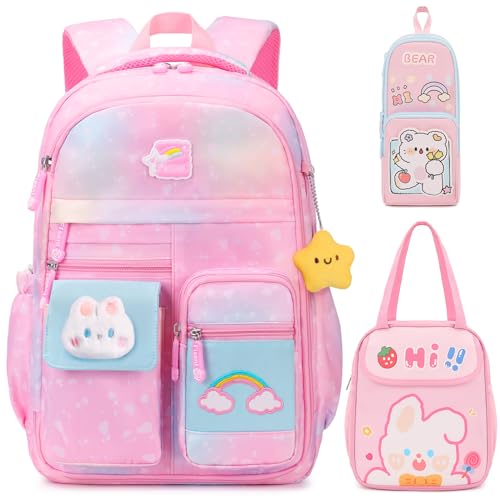FISENT 3PCS KIDS BACKPACK FOR GIRLS,GIRLS BACKPACK SET,CUTE BUNNY RAINBOW - Like New