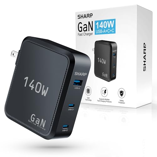 SHARP 140W USB C CHARGER, COMPACT FOLDABLE GAN FAST CHARGE QV16 - BLACK - Like New
