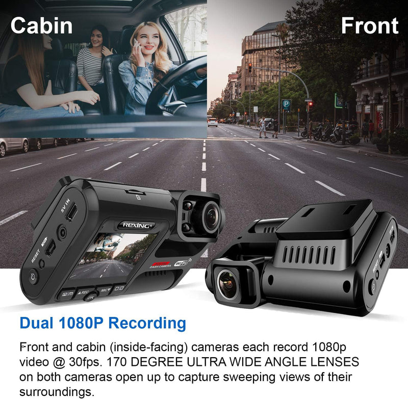 Rexing W202 Front and Inside Cabin 1080p Full HD Wi-Fi Dash Cam Like New