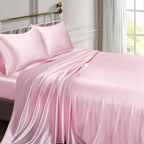 VONTY SATIN SHEETS QUEEN SIZE SILKY SOFT SATIN BED SHEETS PINK SHEET SET-PINK - Like New