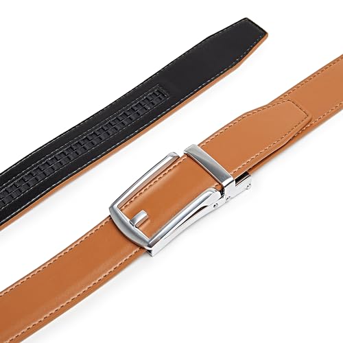 CARLO FELLINI GENUINE LEATHER RATCHET BELT - TAN BELT / SILVER BUCKLE 52 INCH - Brand New