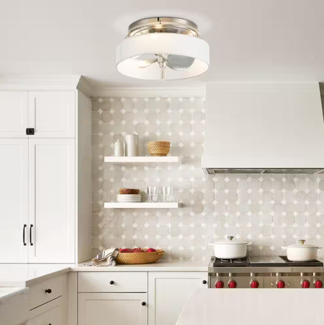 PARROT UNCLE 12.6 IN. INDOOR SATIN NICKEL CAGED FLUSH MOUNT LOW - SILVER/WHITE - Brand New