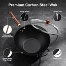 TODLABE NONSTICK WOK CARBON STEEL WOK PAN WITH GLASS COVER 13" - BLACK - Like New