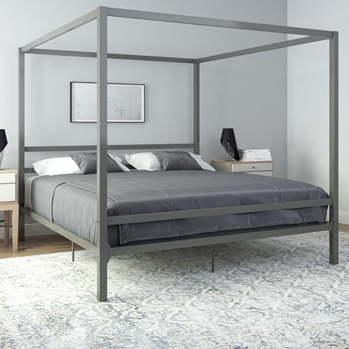 DHP King Metal Canopy Bed, Modern Design with Built-In Headboard, Sturdy Frame - Like New