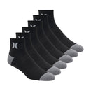HURLEY MENS QUARTER CREW SOCKS, 6 PAIR - BLACK - Brand New