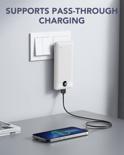 VRURC PORTABLE CHARGER BUILT-IN CABLES AND AC WALL PLUG, USB C 10000MAH - WHITE - Brand New