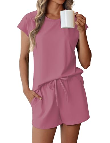 Ekouaer Cotton Pajamas for Women Set 2 Piece Cap Sleeve Pjs Shorts - Old Rose - Like New