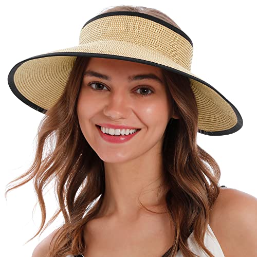 SIMPLICITY WOMEN'S SUMMER FOLDABLE WIDE BRIM HATS STRAW SUN VISOR - 3 COLORS - Like New