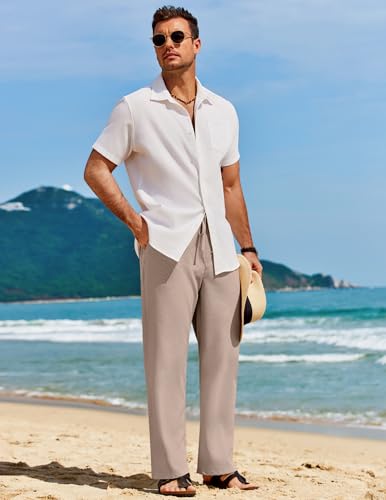 COOFANDY MEN'S CASUAL LINEN PANTS ELASTIC WAIST DRAWSTRING KHAKKI SIZE SMALL - Like New