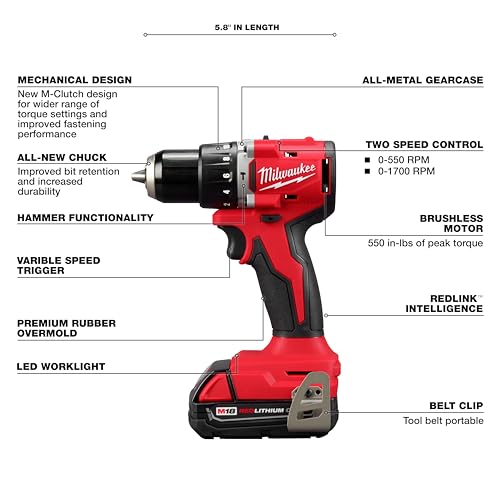 MILWAUKEE M18COMPACT BRUSHLESS 1/2 INCH HAMMER DRILL/DRIVER ONLY 3602-20 - Like New