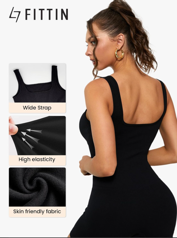 FITTIN JUMPSUIT WOMEN'S SQUARE NECK ONE PIECE JUMPSUIT - M - BLACK - Brand New