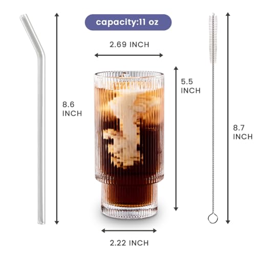 Combler Ribbed Glass Cups with Glass Straws 11oz Drinking Glasses Set of 8 - Like New
