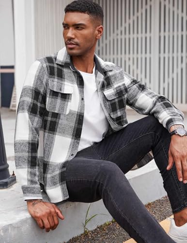 COOFANDY MEN'S FLANNEL LONG SLEEVE COTTON PLAID BUTTON DOWN SHIRT BLACK BLOCK - Brand New