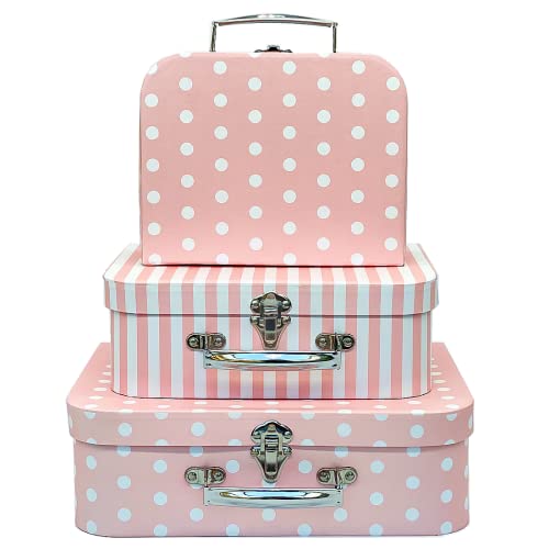 AMEDOO PAPERBOARD SUITCASES SET OF 3 DECORATIVE BOXES STORAGE PINK DOTS STRIPES - Like New