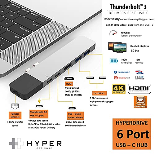 HYPER DRIVE USB C HUB NET 6-IN-2 FOR MACBOOK PRO AIR MULTI-PORT USB C - SILVER - Brand New