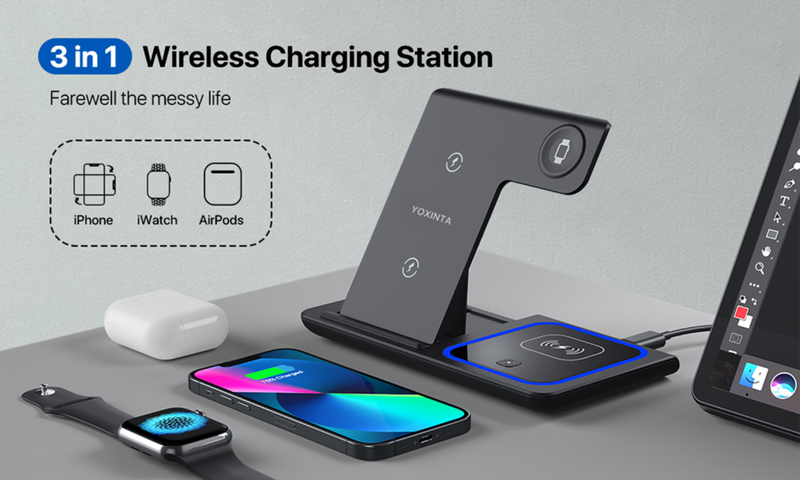 YOXINTA WIRELESS CHARGING STATION, 3 IN 1 WIRELESS CHARGER STAND - BLACK - Like New