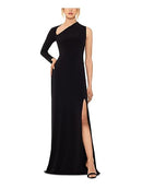 Betsy & Adam Long Jersey Asymmetrical Sleeve Gown Black 8 - Brand New