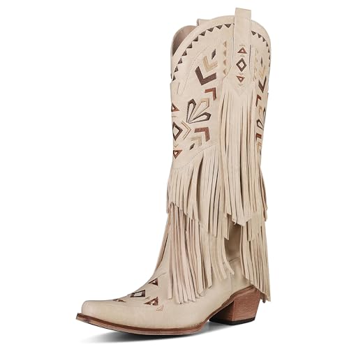 SARALRIS SARAIRIS WOMEN'S COWGIRL BOOTS KNEE HIGH FRINGE BOOTS - SIZE 6 - BEIGE - Like New