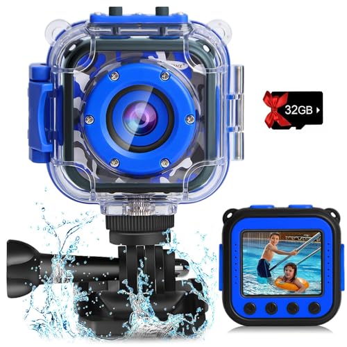 PROGRACE Kids Waterproof Camera - Gifts for Boy Waterproof, 32GB, Blue Like New