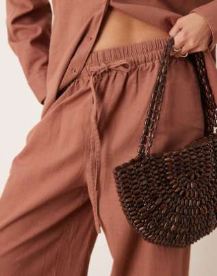 ASOS DESIGN LINEN LOOK PULL-ON PANTS - SIZE: WOMEN L - MOCHA - Like New