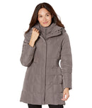 COLE HAAN WOMEN'S TAFFETA DOWN COAT BIB FRONT DRAMATIC HOOD SIZE : L - CARBON - Like New