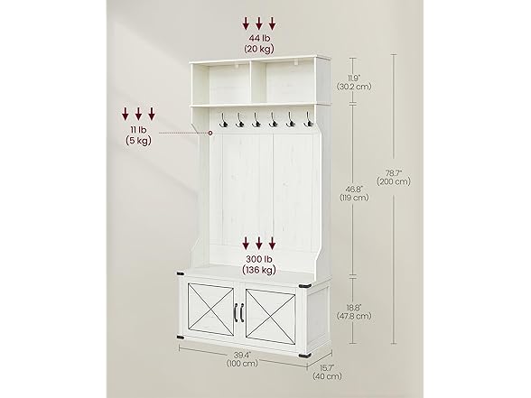 VASAGLE HALL TREE WITH BENCH SHOE STORAGE, COAT RACK  SHOE BENCH - RUSTIC WHITE - Like New
