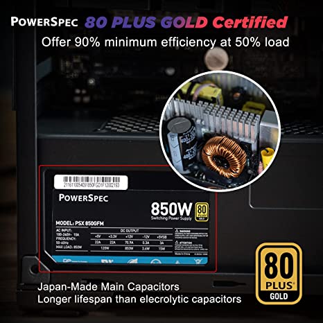 PowerSpec 850 Watt Fully Modular Power Supply PSX-850GFM - BLACK - Like New