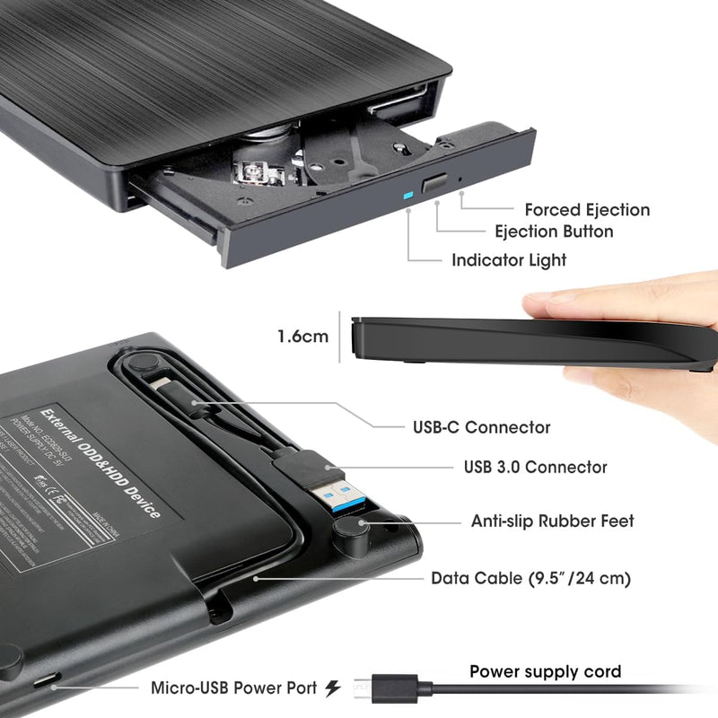 ROOFULL External CD DVD +/-RW Drive USB 3.0 USB-C Portable CD & DVD ROM ECD829-Y Like New