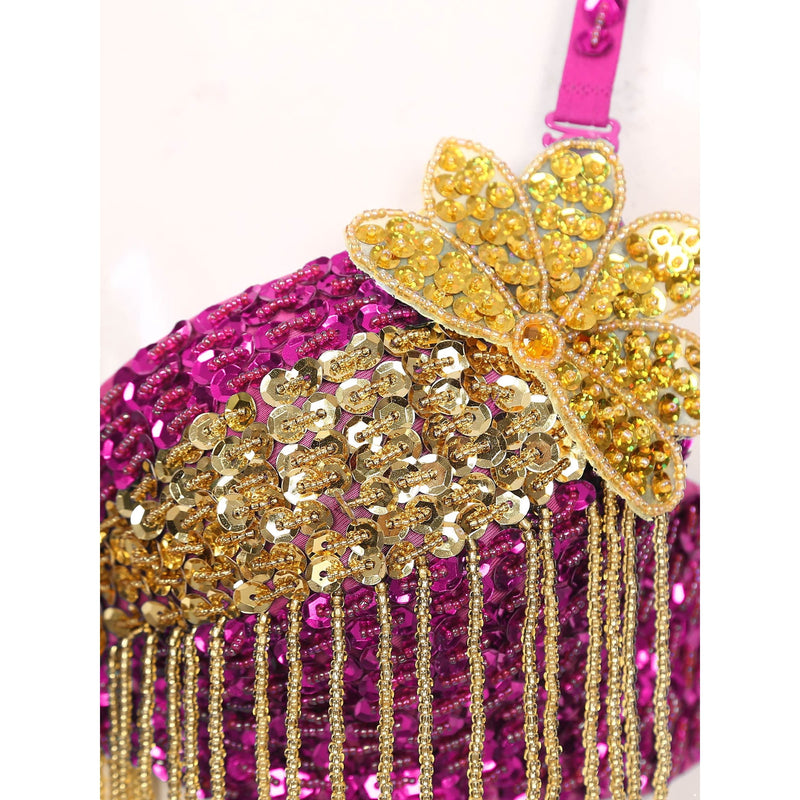 OYOLAN WOMENS SPARKLY SEQUINS BELLY DANCE TOPS BEADED BRA - 36/80 - HOT PINK - Like New