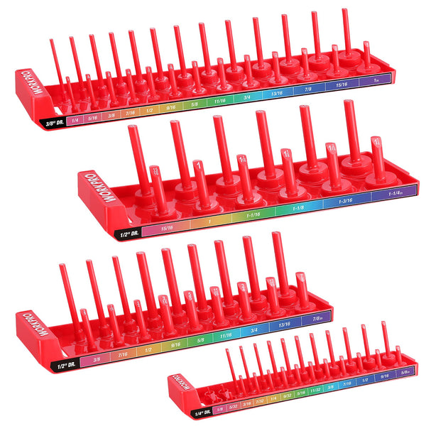 WORKPRO SOCKET ORGANIZER SET 4PC IMPACT SOCKET HOLDER 1/4" 3/8" 1/2" DRIVE - RED - Like New