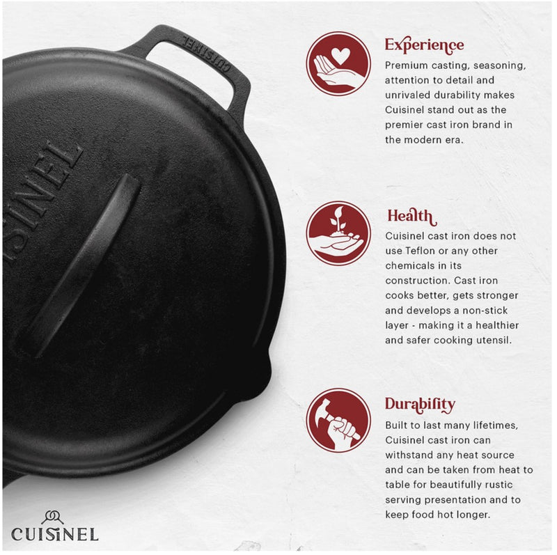 Cuisinel Pre-Seasoned Cast Iron Dual Handle Skillet with CI Lid 12in - BLACK - Like New