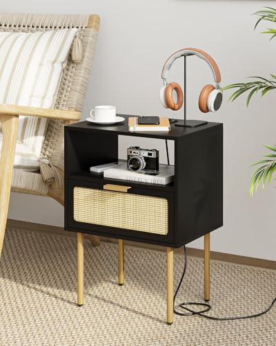 Rattan Nightstand with Charging Station, Drawer Dresser for Bedroom - Like New