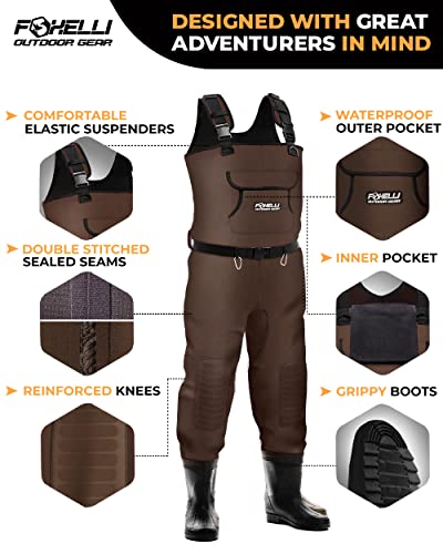 FOXELLI CHEST WADERS WATERPROOF 4MM NEOPRENE MEN SIZE 8 BROWN - Like New