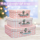 AMEDOO PAPERBOARD SUITCASES SET OF 3 DECORATIVE BOXES STORAGE PINK DOTS STRIPES - Like New