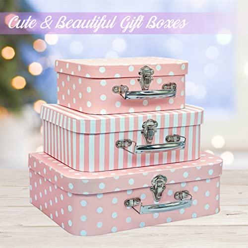 AMEDOO PAPERBOARD SUITCASES SET OF 3 DECORATIVE BOXES STORAGE PINK DOTS STRIPES - Like New