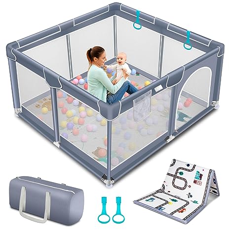 Suposeu Baby Playpen with Mat, Baby Play Yard for Toddler BP-01-MAT - Grey - Like New