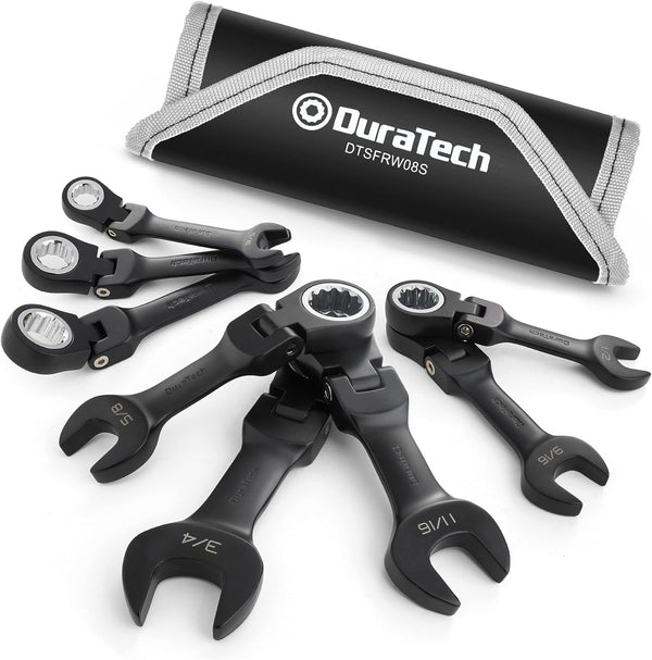 DURATECH Stubby Flex-head Ratcheting Combination Wrench Set, 8-piece - Black - Like New