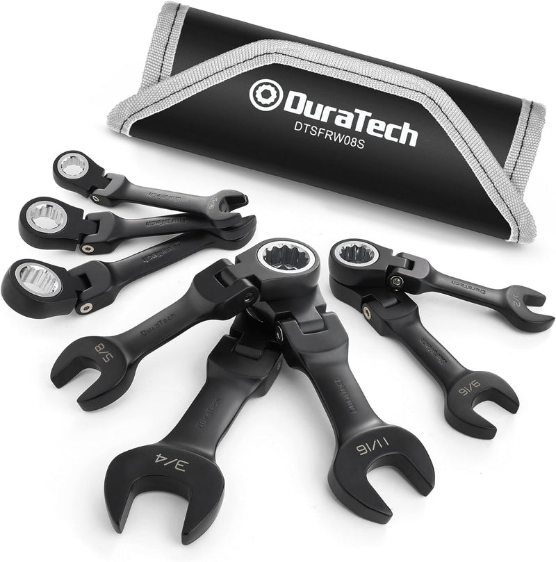 DURATECH Stubby Flex-head Ratcheting Combination Wrench Set, 8-piece - Black - Like New