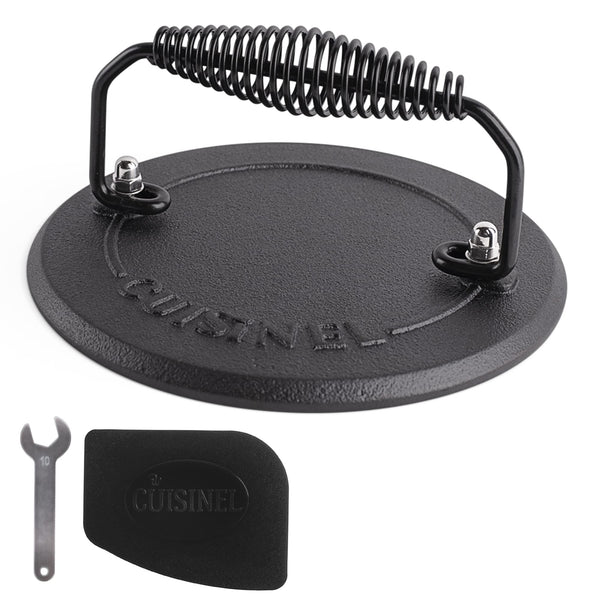CUISINEL GRILL PRESS - CAST IRON BURGER - 7.5" ROUND PRE-SEASONED - BLACK - Like New