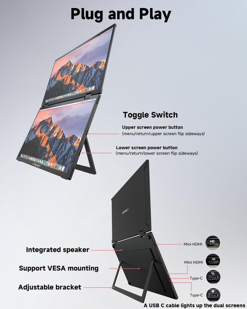 MarsMyth V2 Dual Portable Monitor, 15.6" Full HD (1920 x 1080) Monitor - Black Like New