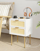 AOBAFUIR RATTAN NIGHTSTAND CHARGING STATION 2 DRAWER DRESSER BEDROOM - WHITE - Like New