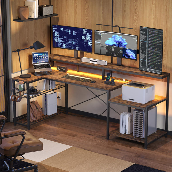 Bestier 71.5 inch Computer Desk with Power Outlets, L Shaped LED Home Office - Like New