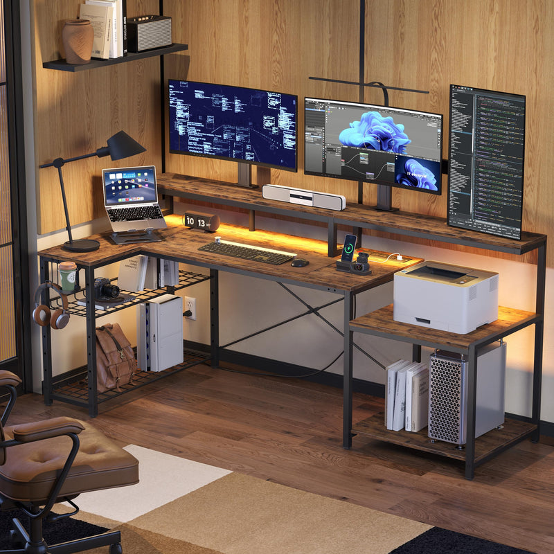 Bestier 71.5 inch Computer Desk with Power Outlets, L Shaped LED Home Office - Like New